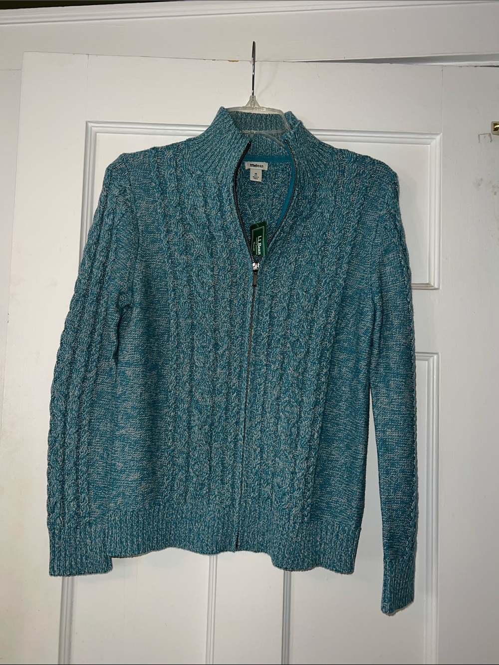 LL Bean Teal Cable Knit Zip Cardigan Sweater